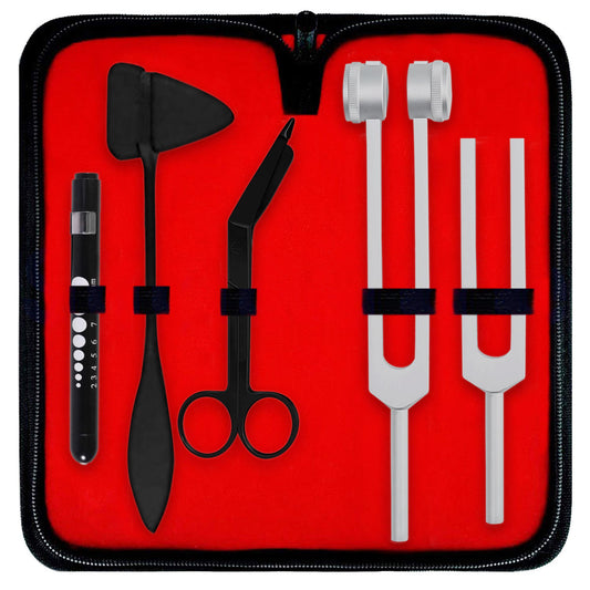 Diagnostics Kit - Percussion Taylor Reflex Hammer + C128 & C512 Tuning Forks + Bandage Scissors + Pupil Gauge Pen Light in Carrying Case - 6 Pieces Set - Black & Silver