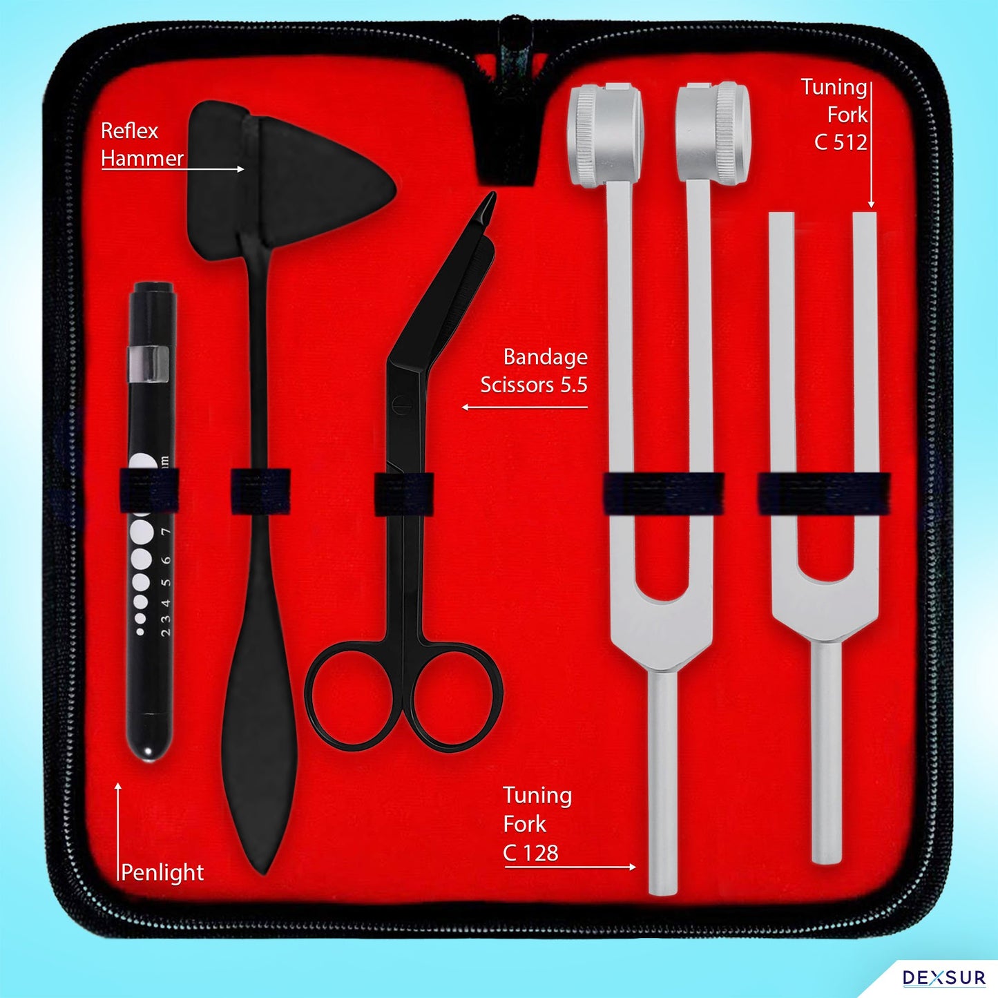 Diagnostics Kit - Percussion Taylor Reflex Hammer + C128 & C512 Tuning Forks + Bandage Scissors + Pupil Gauge Pen Light in Carrying Case - 6 Pieces Set - Black & Silver