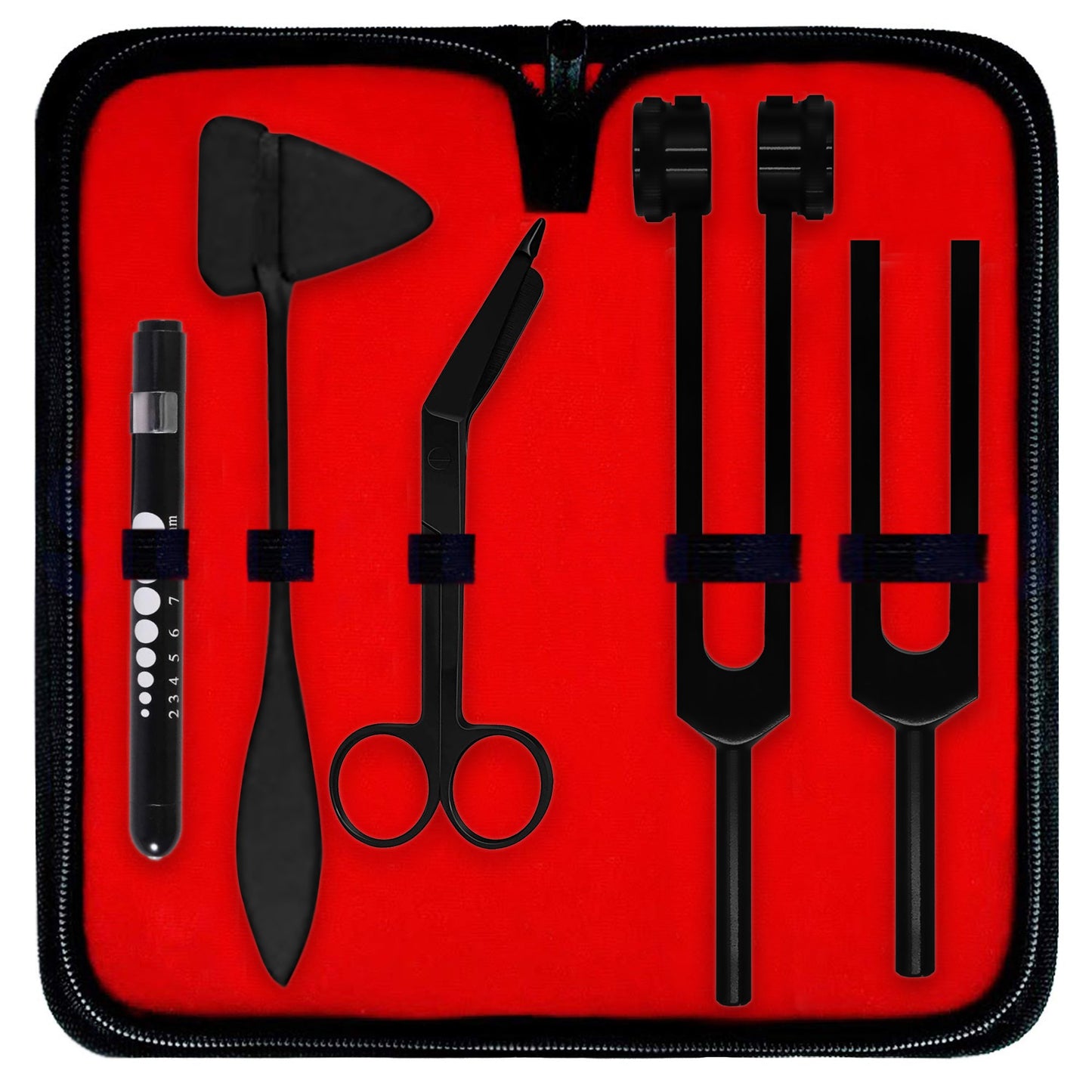 Diagnostics Kit - Percussion Taylor Reflex Hammer + C128 & C512 Tuning Forks + Bandage Scissors + Pupil Gauge Pen Light in Carrying Case - 6 Pieces Set - Full Black