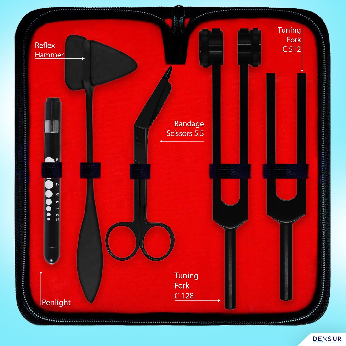 Diagnostics Kit - Percussion Taylor Reflex Hammer + C128 & C512 Tuning Forks + Bandage Scissors + Pupil Gauge Pen Light in Carrying Case - 6 Pieces Set - Full Black