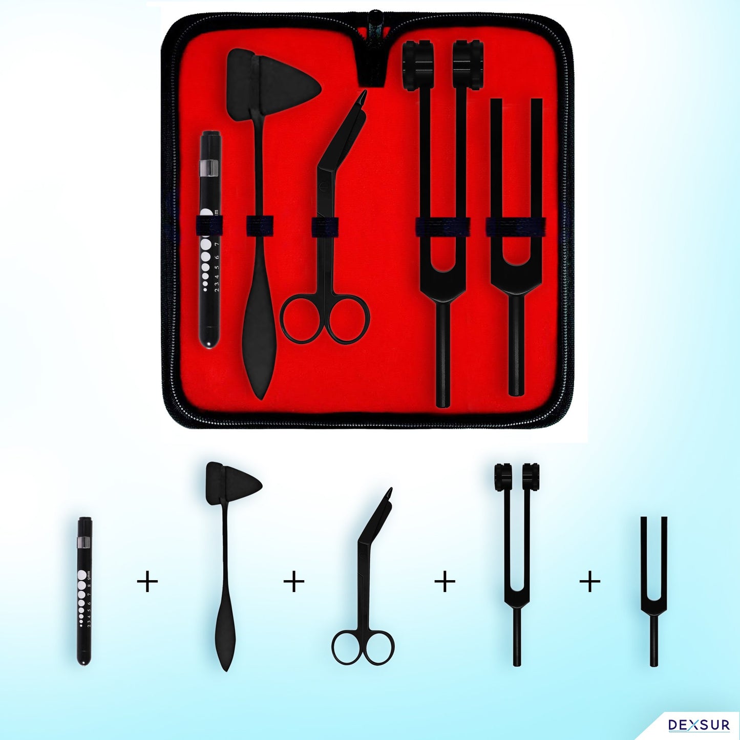 Diagnostics Kit - Percussion Taylor Reflex Hammer + C128 & C512 Tuning Forks + Bandage Scissors + Pupil Gauge Pen Light in Carrying Case - 6 Pieces Set - Full Black