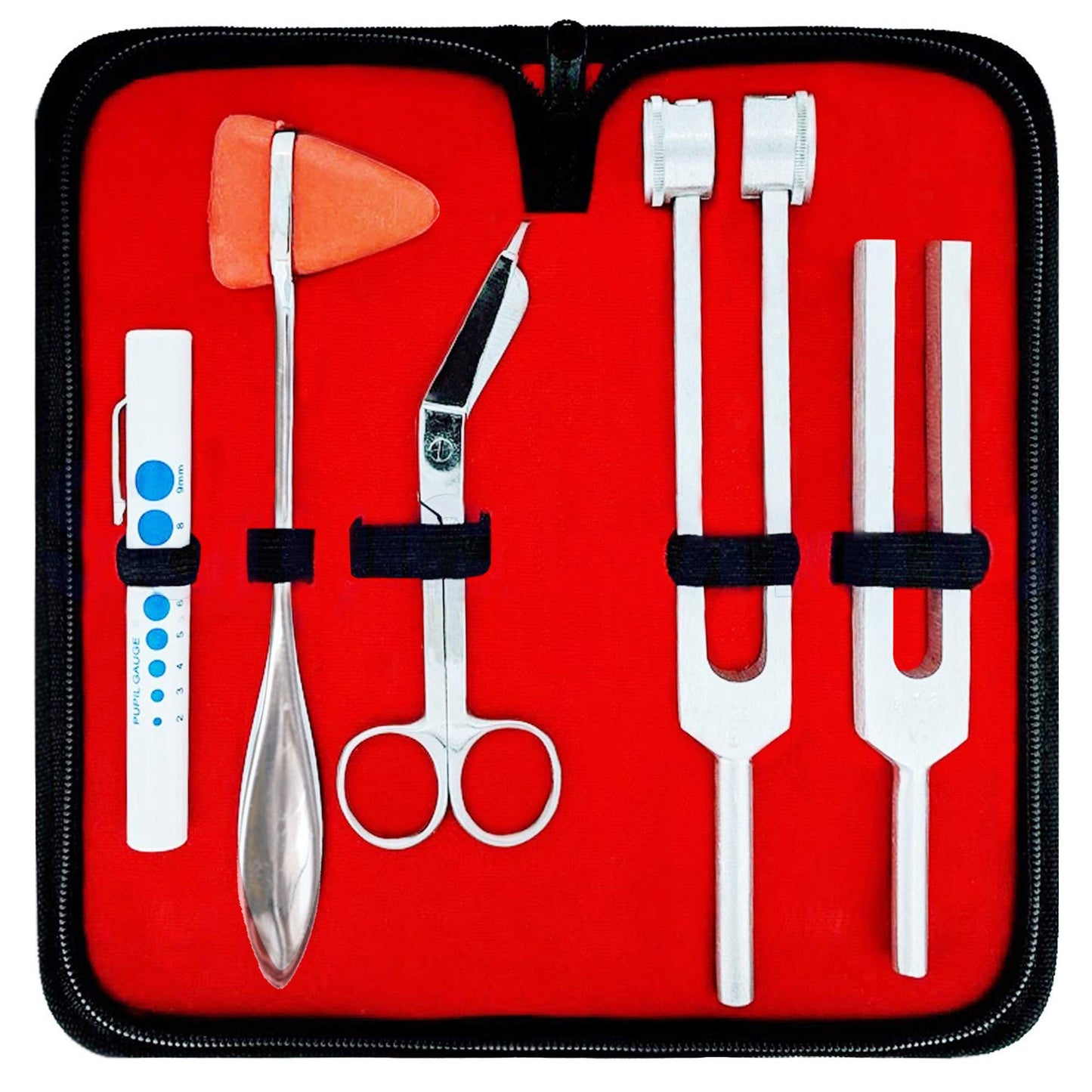 Diagnostics Kit - Percussion Taylor Reflex Hammer + C128 & C512 Tuning Forks + Bandage Scissors + Pupil Gauge Pen Light in Carrying Case - 6 Pieces Set - Silver