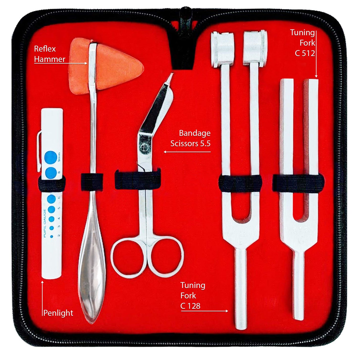 Diagnostics Kit - Percussion Taylor Reflex Hammer + C128 & C512 Tuning Forks + Bandage Scissors + Pupil Gauge Pen Light in Carrying Case - 6 Pieces Set - Silver