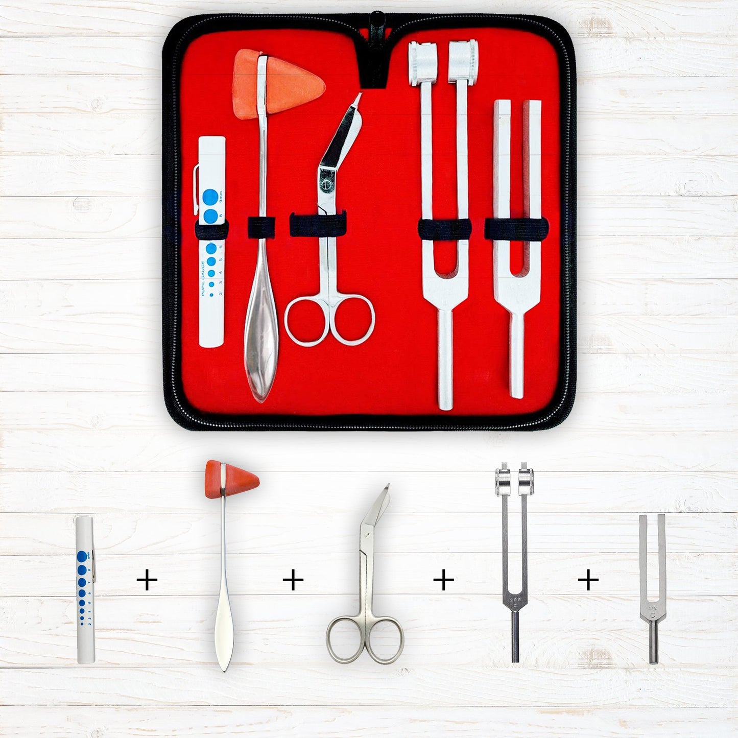 Diagnostics Kit - Percussion Taylor Reflex Hammer + C128 & C512 Tuning Forks + Bandage Scissors + Pupil Gauge Pen Light in Carrying Case - 6 Pieces Set - Silver