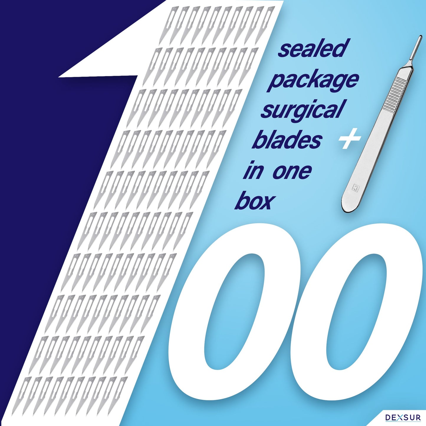 Scalpel Blades Sterile High Carbon Steel Dermablade, # 10 Surgical Blade - Individually Wrapped, a box of 100 Pcs + # 3 Scalpel Handle